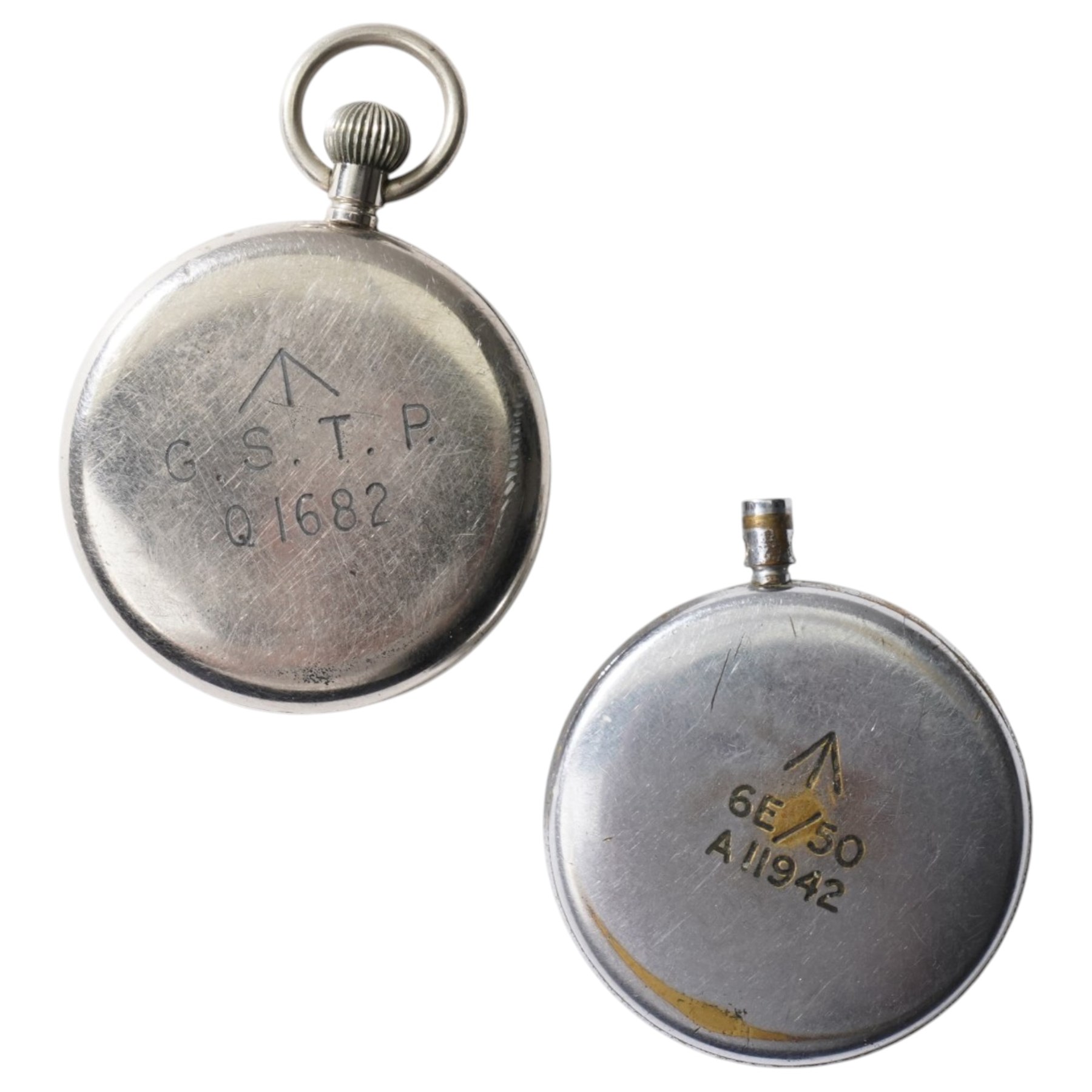 Jaeger-LeCoultre World War II Royal Air Force lever pocket watch, back case with broad arrow and numbered 6E/50 A 11942 and one other military pocket watch, back case stamped G.S.T.P Q 1682
