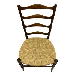 Mid to late 20th century Italian side chair by Chiavari, stained beech, ladder back joined by collar turned upright supports, rush seat, turned supports joined by stretchers 