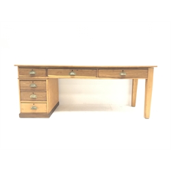 Late 19th century oak and pine single pedestal clerks desk, with six drawers and fitted cash drawer, W198cm, D74cm, H76cm