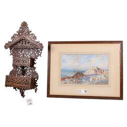 Carved Black Forest type wall rack and a coastal watercolour, unsigned (2)