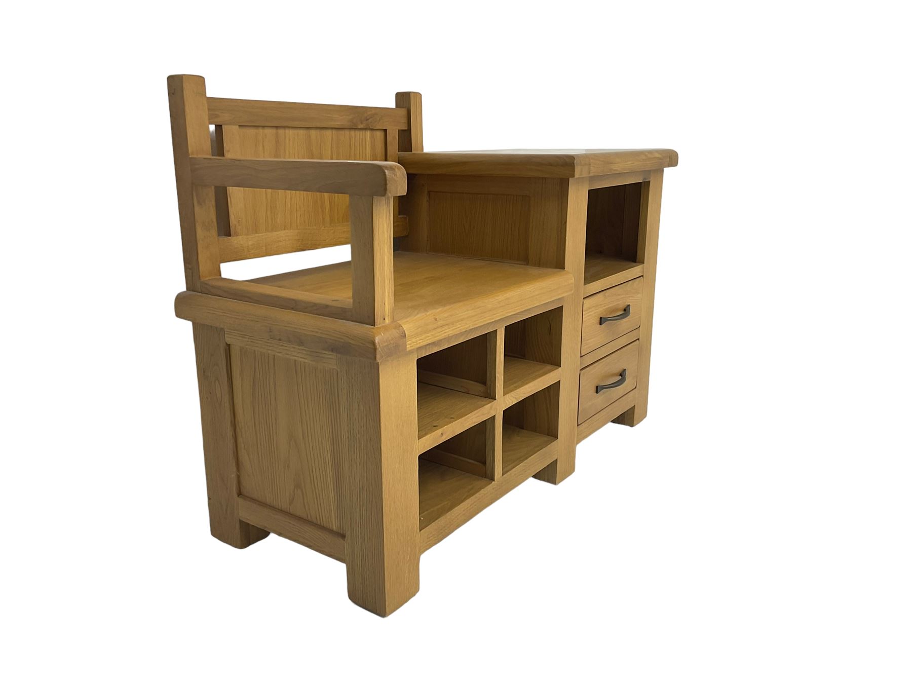 Late 20th century light oak telephone table, seat over four pigeon holes, fitted with shelf over two drawer
