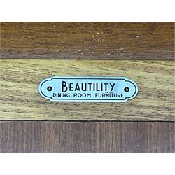 Beautility - mid-20th century walnut sideboard, fall-front with sliding top enclosing mirror interior, fitted with two drawers and flanking cupboards, on sledge feet with curved stretchers 