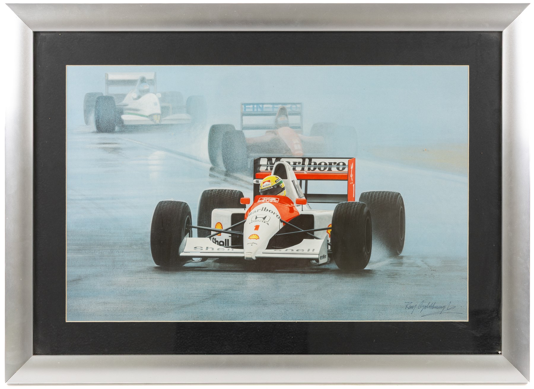 Three Formula 1 racing prints, including Nigel Mansell example signed by Nik Curry, Nigel Mansell 'Inside View' by Karen Johnson, and a Ray Goldsborough example, all framed, largest H38cm, W55cm