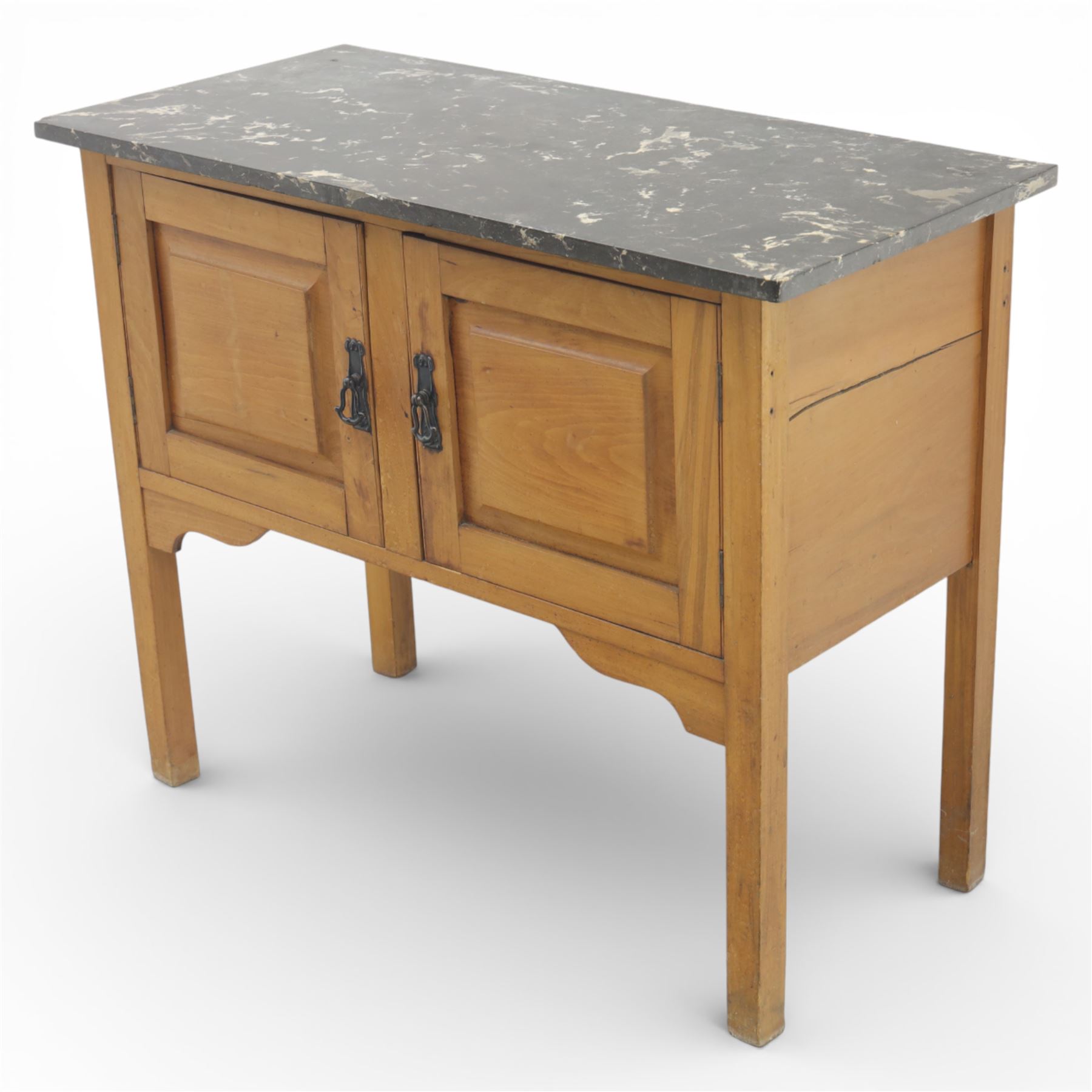 Edwardian walnut stained washstand, rectangular grey marble top, the base fitted with a pair of panelled cupboard doors with iron handles, raised on square tapering supports