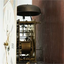 Patrick Forrester of Hull-early 19th century 8-day oak and mahogany longcase, c1830, With a pagoda pediment and three matching ball and spire finials, break arch hood door beneath flanked by reeded pilasters with brass capitals, trunk with canted corners and a full length break arch topped door with crossbanding, on a square plinth with an applied moulding to the base, fully painted dial with matching spandrels and a scene of a huntsman to the arch, with Roman numerals, fifteen minute Arabic's, stamped brass hands, seconds dial and date aperture, dial pinned via a falseplate to a rack striking movement, striking the hours on a bell. With key, weights and pendulum.   A good example of this refined design of case popular in the East Riding of Yorkshire and London, the hood is of particularly good proportions.
Patrick Forrester is listed as working in Hull 1813-1840, also as a Jeweller and Goldsmith.         