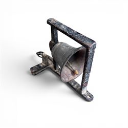 19th century cast iron outdoor bell bracket with bronze bell, lever action, finished in black paint