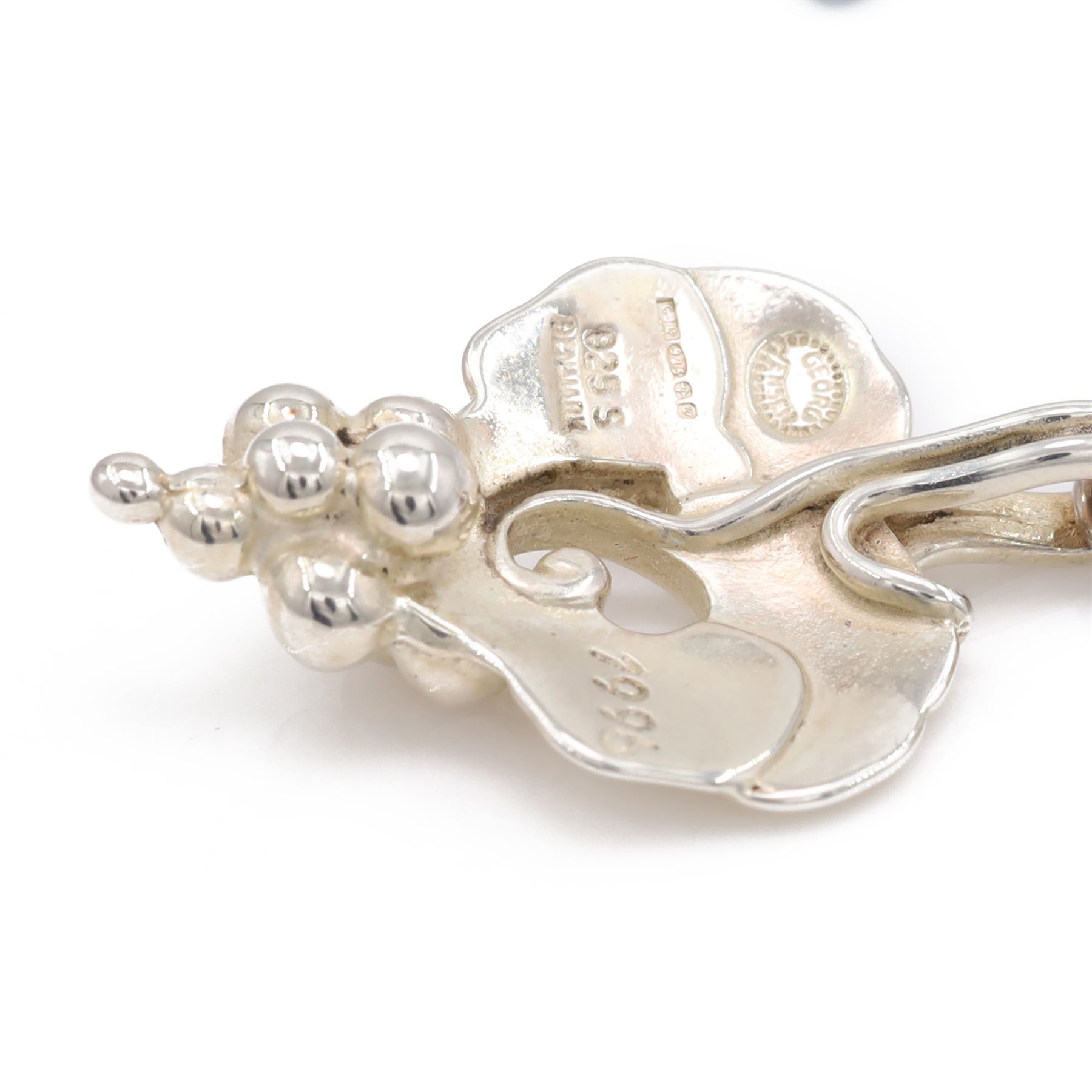Pair of George Jensen Heritage Collection 'Year' silver earrings, each stud suspending a bunch of grapes with vine leaves, hallmarked and dated 1996, boxed