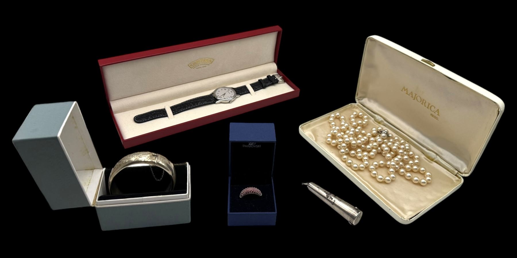 Silver bangle and silver cheroot holder case, Majorica faux pearls with silver clasp, Swarovski ring and a Certina wristwatch