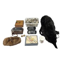 Vintage black fox fur stole, together with fur hat and pair of fur earrings, quantity of mostly silver plated flatware, including various souvenir spoons, Vintage camera, two pairs of cased sunglasses marked 'Ray-Ban', etc., in one box 