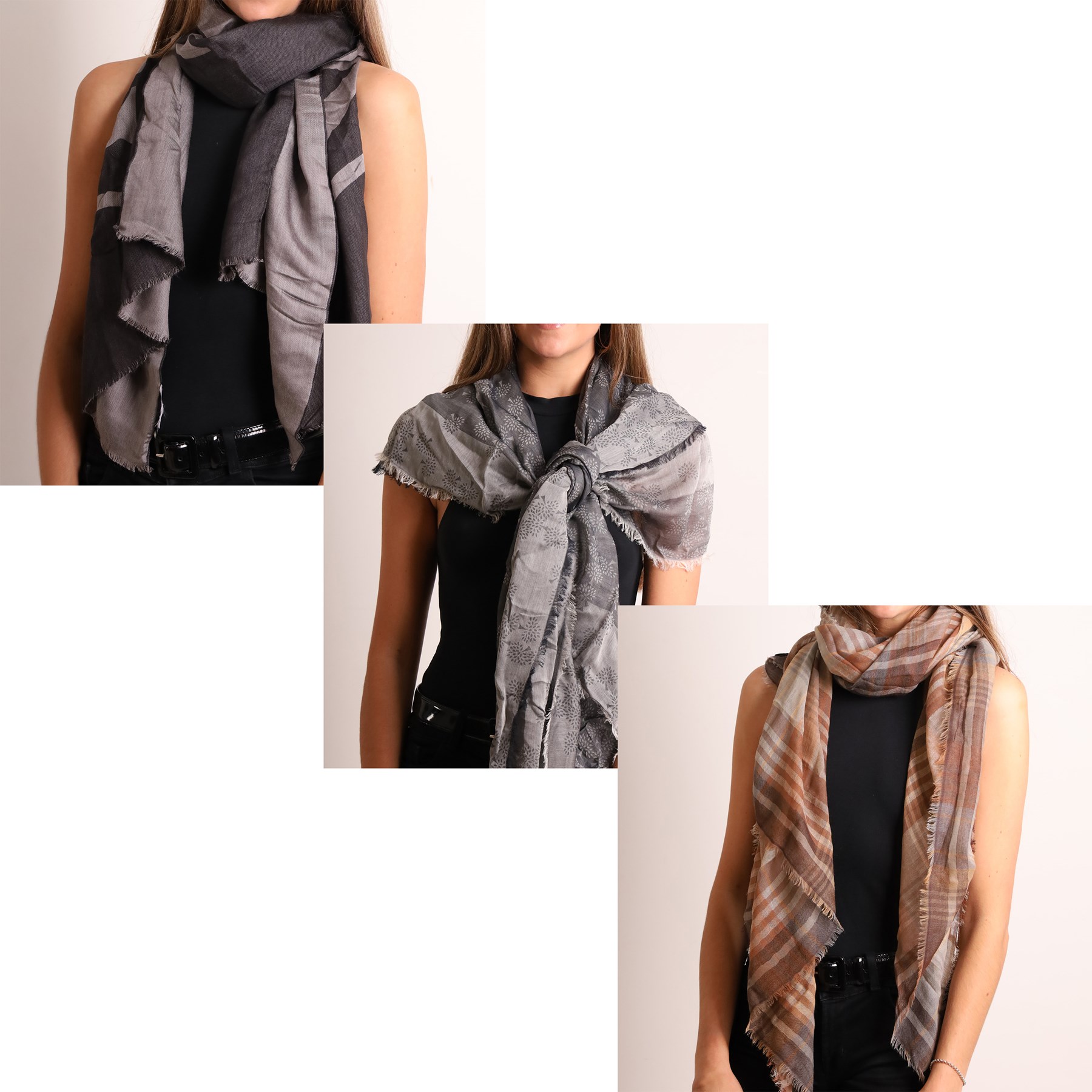 Mulberry - three scarves, comprising grey scarf with repeating tree motif, tan, cream and grey check scarf, and charcoal grey scarf with oversized ‘Mulberry’ motif, all with fringed edges (3)