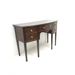 Late 19th century mahogany bow front sideboard,  one long and one short drawer, one faux drawer door, square tapering supports on spade feet
