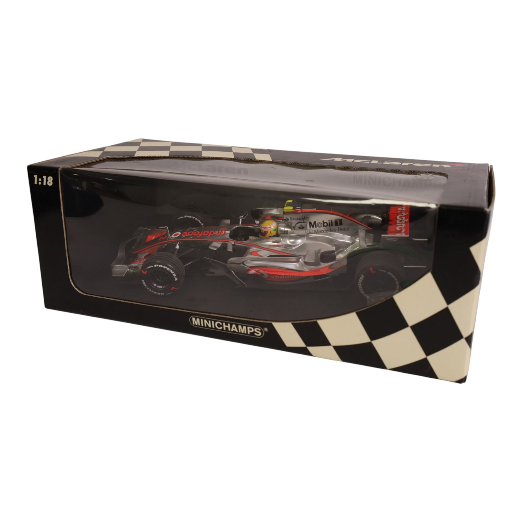Minichamps limited edition 1:18 Vodaphone McLaren Mercedes MP4-22 L. Hamilton 1st Win - Canada GP 2007 #2 car, together with Minichamps Indy Car Collection 1:18 Lola Ford Team Newman-Haas #5 car no. 520931805, both boxed (2)