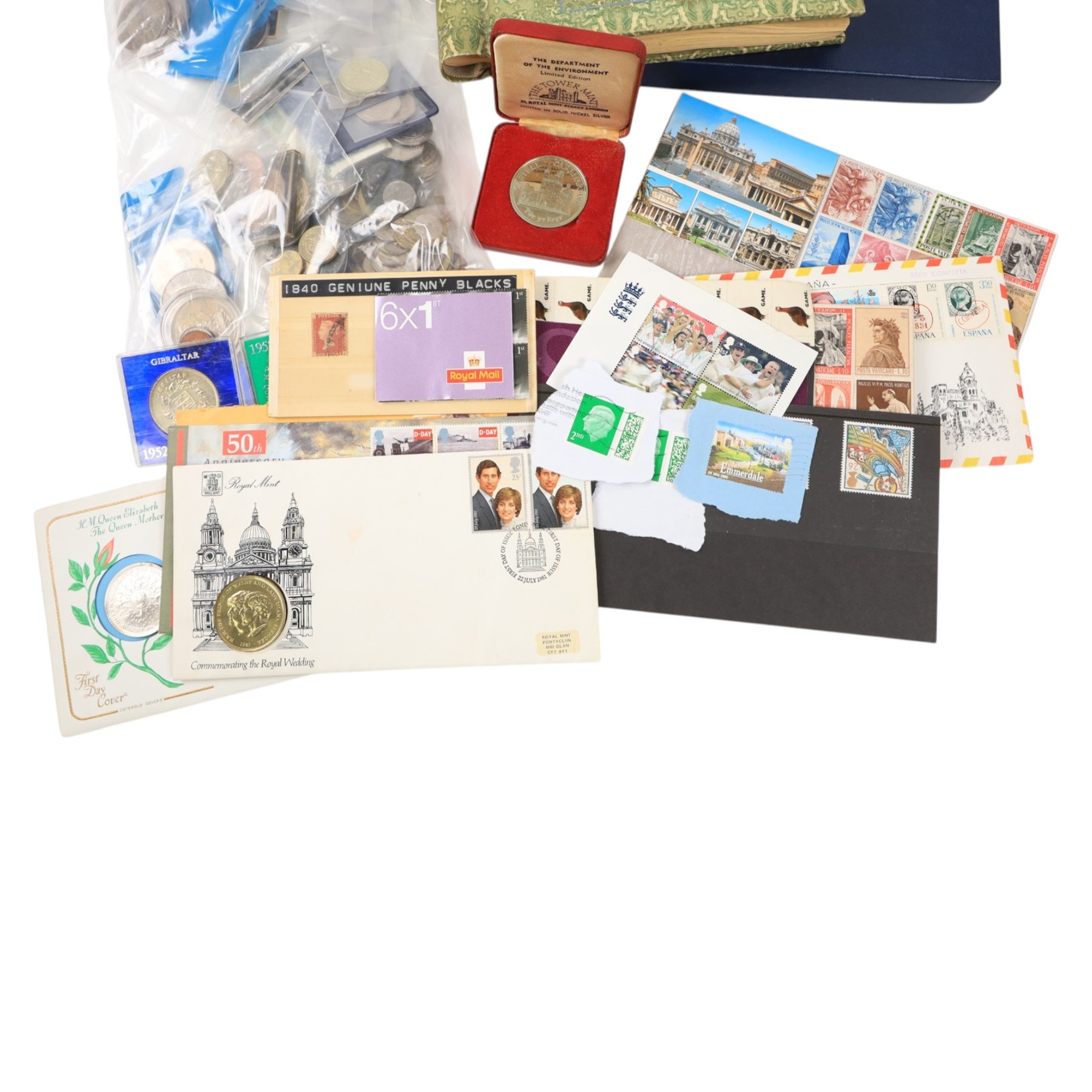 Great British and World coins and stamps, including The Queen's Golden Jubilee and The Royal Family cover collections, commemorative crowns, etc