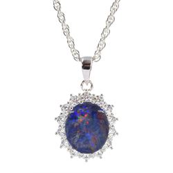 Silver opal triplet and cubic zirconia pendant necklace, stamped 925