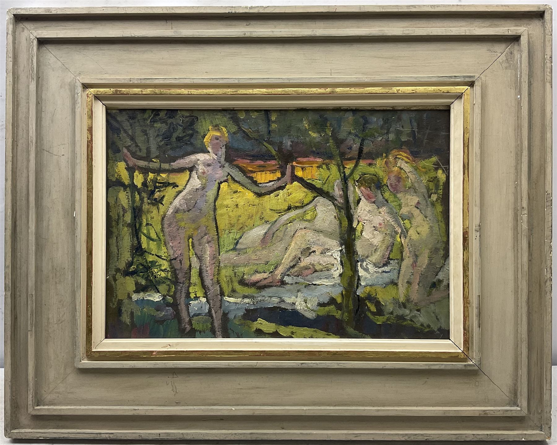 Elsie Marion Henderson (British 1880-1967): 'Bathers by a Stream', oil on canvas laid on to panel unsigned, titled and inscribed verso 27cm x 40cm