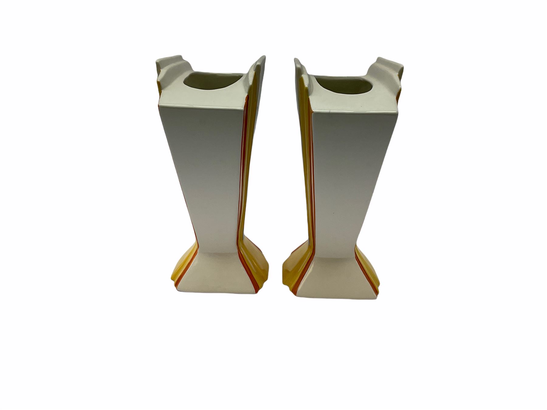 Two Wedgwood Clarice Cliff sunray vases, in Caravan design and Orange Roof Cottage design, both limited edition, H21.5cm. 