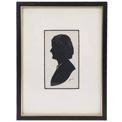 Capt. Harry Lawrence Oakley (British 1882-1960): Mother Father and Two Children, set of four family watercolour silhouettes highlighted in gold pen and pencil signed 11cm x 6cm (4)
Notes: Oakley born in Poppleton York, the son of a chemist who opened shops on Coney Street and Fulford Road. He showed talent for drawing and silhouette cutting from an early age and went on to study art at York School of Science and Art, Leeds School of Art and then the Royal College of Art in London where he was awarded the ARCA diploma in 1908.
He designed the 'Think' poster in collaboration with the North Eastern Railway company in York which then became an official war poster and was used throughout Britain, Australia and Canada. Oakley’s figure of the advancing soldier became an iconic image and was adapted and used in many forms. This success led to further commissions, including the “Remember” poster which was used to recruit men for the Royal Navy.
Oakley served in the Green Howards during the the First War. Each year, between 1920 and 1958, holidaymakers walking along the pier at Llandudno North Wales, could have stopped at a booth to have their silhouette portrait painted or cut by Mr H. L. Oakley, otherwise known as the 'Man with the Magic Scissors'.  