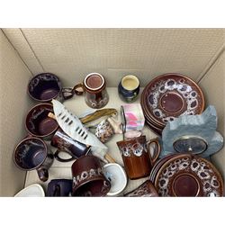 Quantity of ceramics to include Kernewek Cornwall tea wares, pair of Royal Doulton Islamic series plates, sage green Wedgwood Jasperware, Coclough tea wares, glassware etc in two boxes