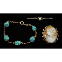 Gold split pearl bar brooch, gold turquoise bead bracelet and a gold cameo brooch, all 9ct, tested or hallmarked