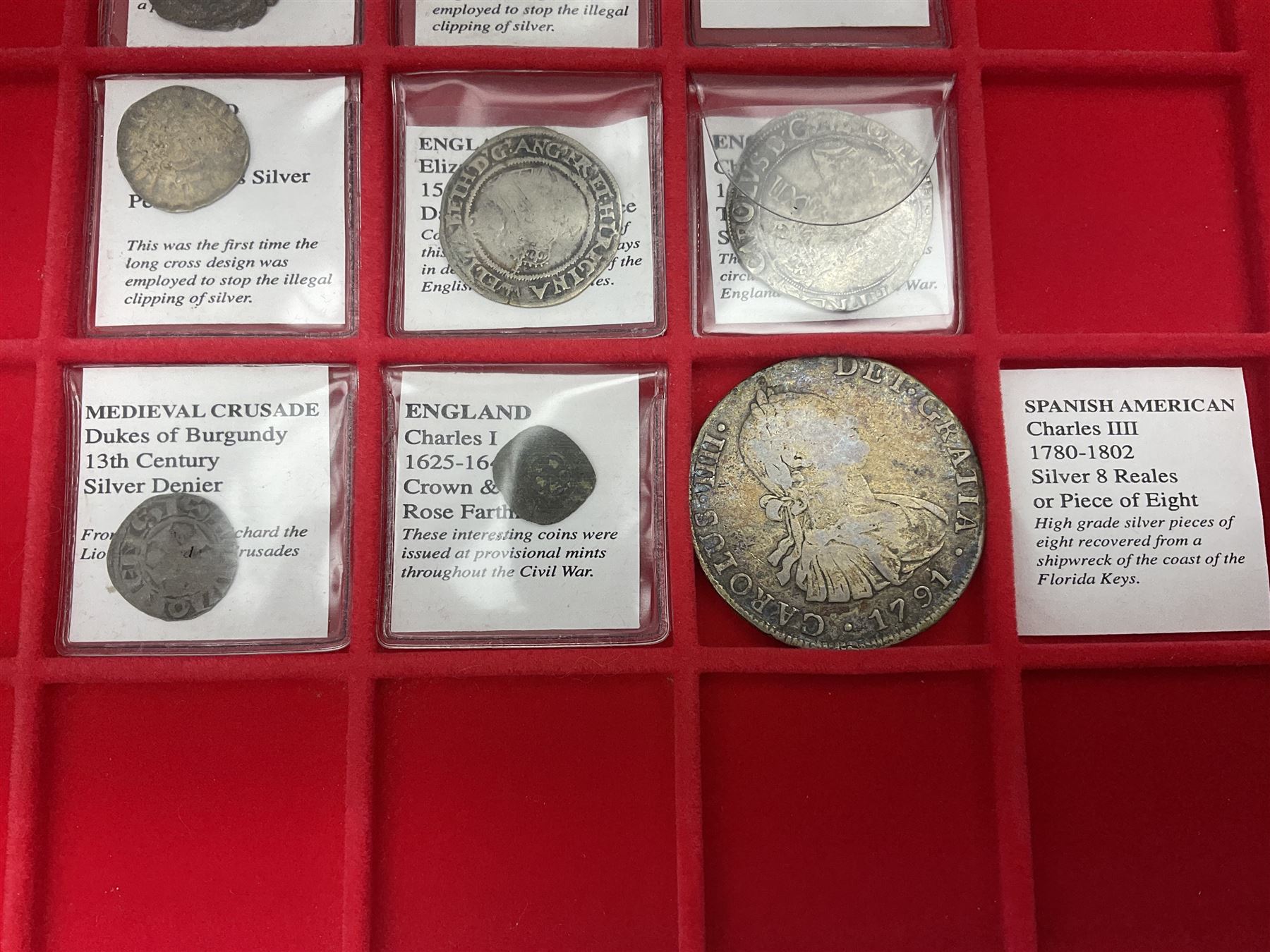 Ancient and later coinage, including Roman silver Denarius, Henry III 1216-1272 long-cross hammered silver penny, Elizabeth I 1568 hammered silver sixpence, Charles I 1625-1649 silver shilling etc, housed in a Lindner coin tray