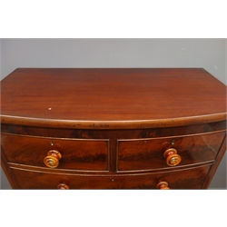  Victorian mahogany bow front chest, two short and three long drawers, turned supports, W108cm, H129cm, D53cm  