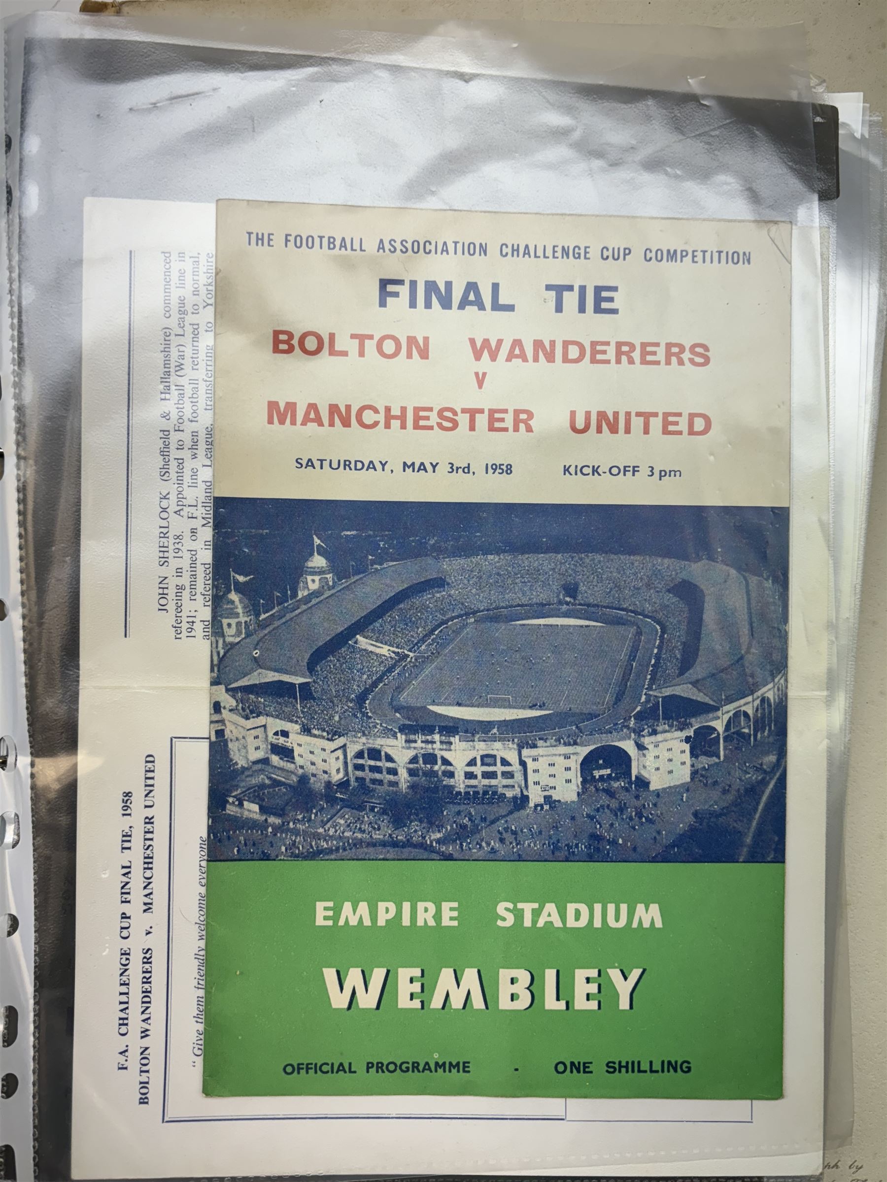 Collection of football memorabilia belonging and relating to the Hull based referee Frank Coultas, including 9ct gold Referee's medal for the 1957 Aston Villa v Manchester United FA Cup Final, inscribed 'The Football Association, F.B Coultas, F.A. Challenge Cup Competition, Final Tie 1957', hallmarked and in original case; the kit worn by him to referee the 1957 FA Cup Final and ephemera relating to the match including photographs, programmes and tickets; together with other football memorabilia collected by Frank Coultas, including programmes, photograph and ticket stubs, with some items relating to the 'Busby Babes'