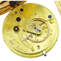 Victorian 18ct gold open face fusee lever pocket watch by T G Tate, Winterton, No. 9082, gilt dial with Roman numeral hour markers, case with engraved foliate decoration, London 1882