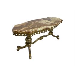 Mid-20th century Italian design Onyx and gilt serpentine coffee table, pierced gilt metal frieze with scrolling decoration, raised on twin end supports with globular turning and foliate decoration united by shaped scroll stretcher
