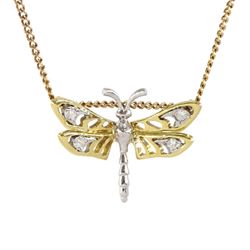 18ct white and yellow gold butterfly pendant, each wing set with a round brilliant cut diamond, Birmingham import mark 1977, on 9ct gold chain link necklace