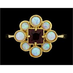 Silver-gilt opal and garnet cluster ring, stamped Sil