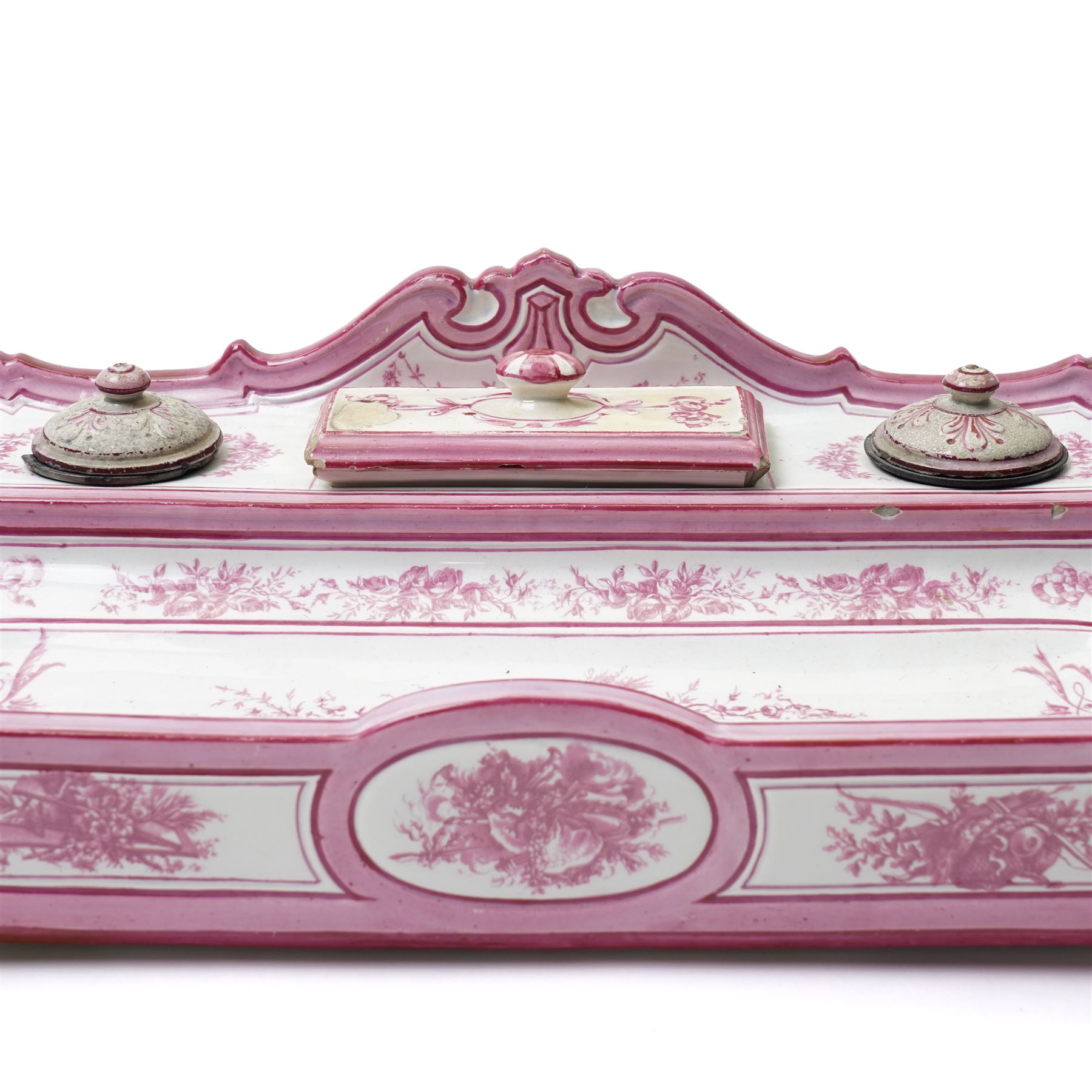 19th Century French enamelled porcelain inkstand, by Gien, in shades of pink and white, with twin inkwells and pen tray, printed marks to base W31cm D16cm