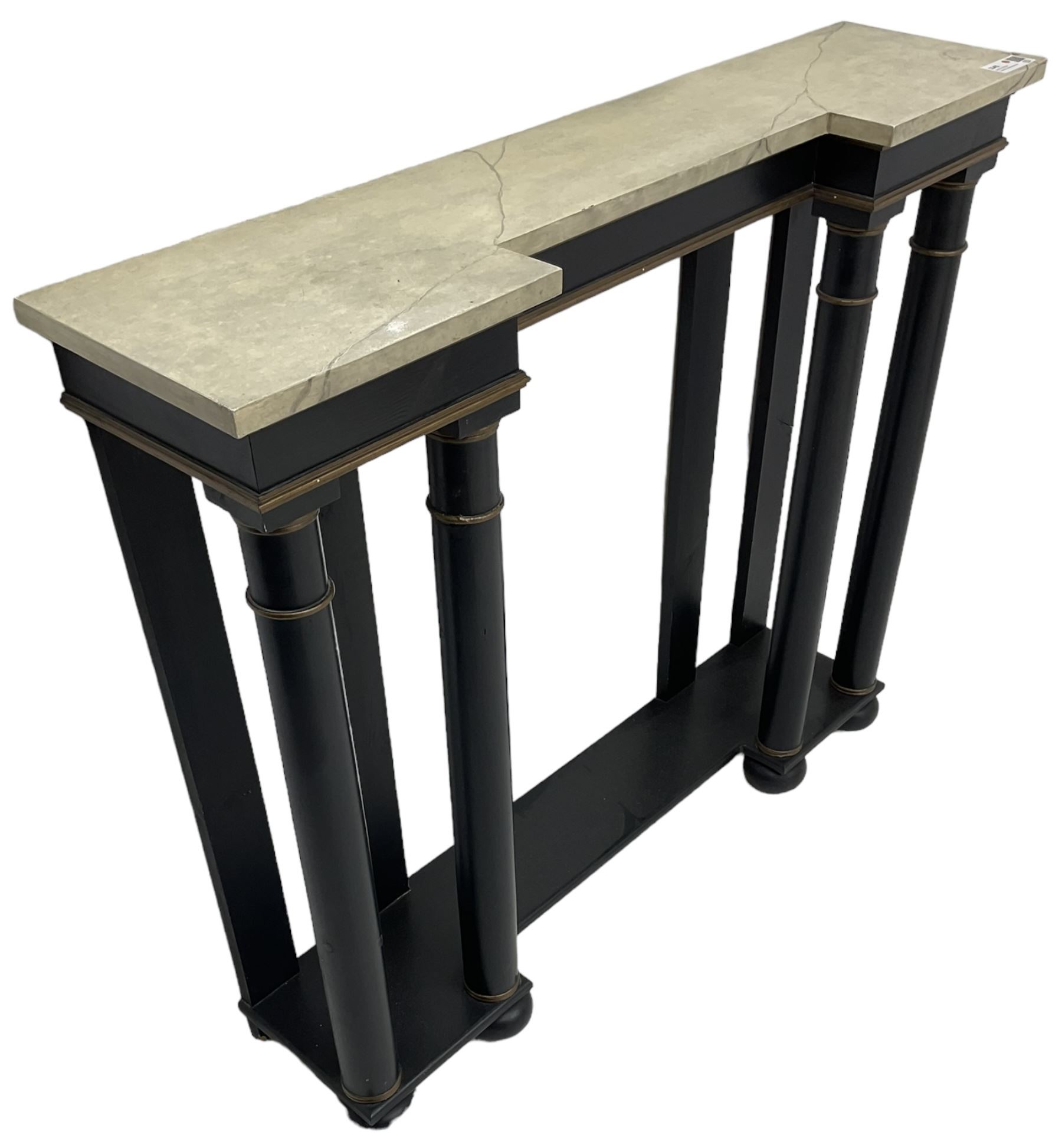 Italian design ebonised reverse-breakfront console table, painted simulated marble top over ebonised pilasters with gilt piping, platform base on compressed bun feet
