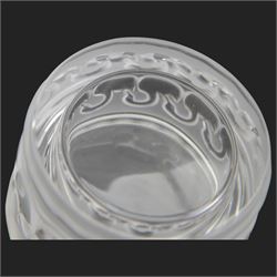 Lalique circular powder bowl and cover, decorated with swans, signed to base, D11cm 