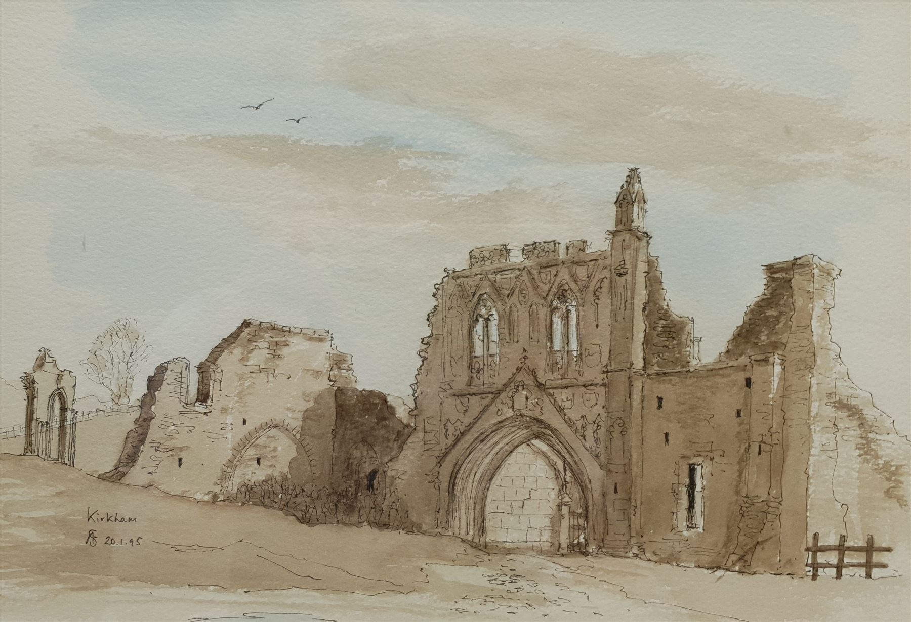 Sir Arthur David Saunders Goodall (British 1931-2016): 'Kirkham' Abbey, watercolour and ink signed with monogram titled and dated 20.01.95, 20cm x 28cm 
Notes: David Goodall was a British diplomat and High Commissioner to India from 1987-1991. His interest in painting began at school at Ampleforth College, but he only started painting seriously twenty years later after reading Churchill's 'Painting as a Pastime'.