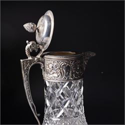 Square glass scent flask with silver collar and facet cut stopper Birmingham 1990, another and a glass claret jug with plated mounts