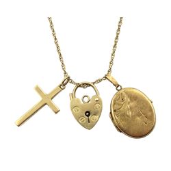 Gold cross pendant, locket and heart locket, on gold chain, all 9ct hallmarked or stamped, approx 8.6gm