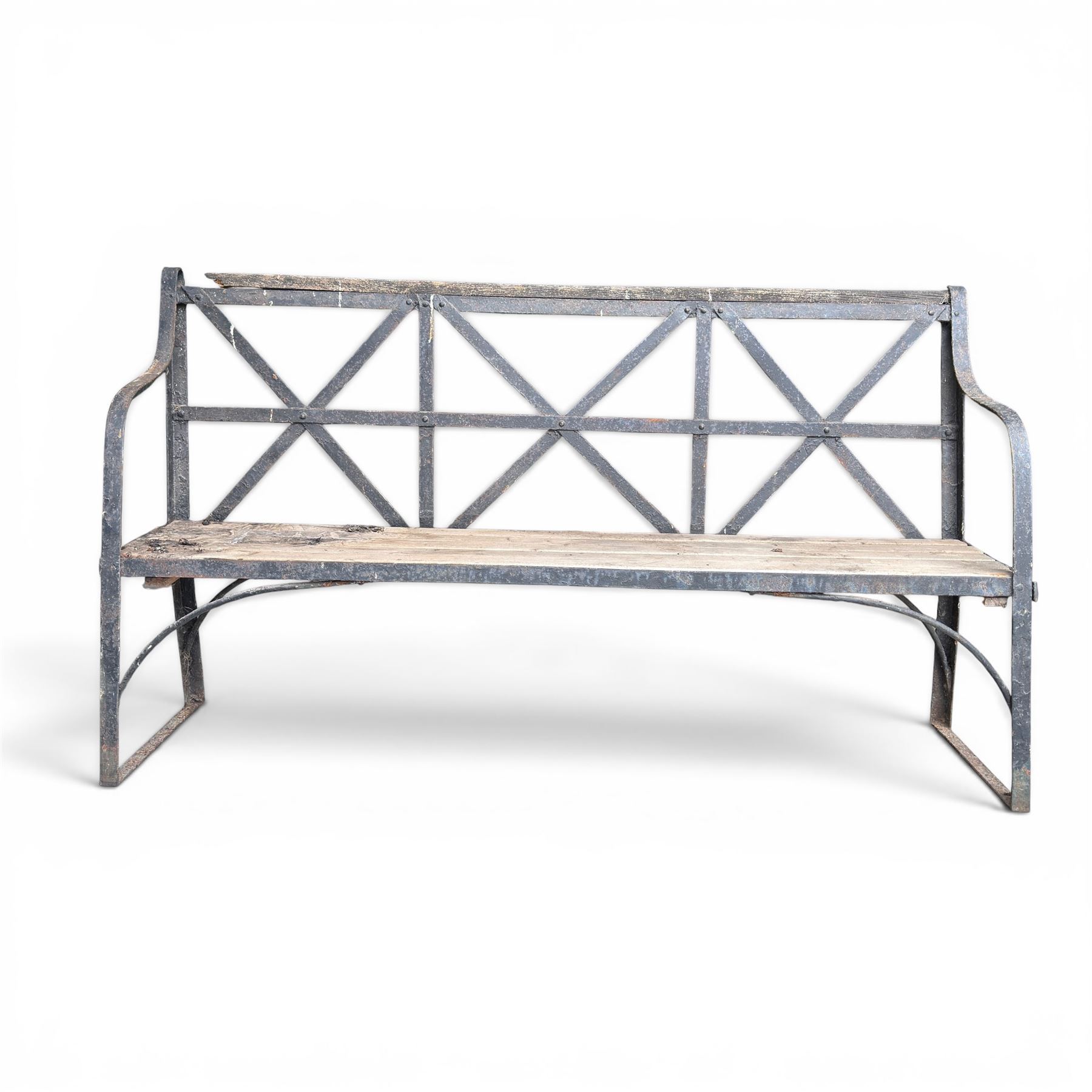 19th century and later Estate made wrought iron strapwork garden bench, the weathered wooden cresting rail over X-form strapwork back and slatted wooden seat