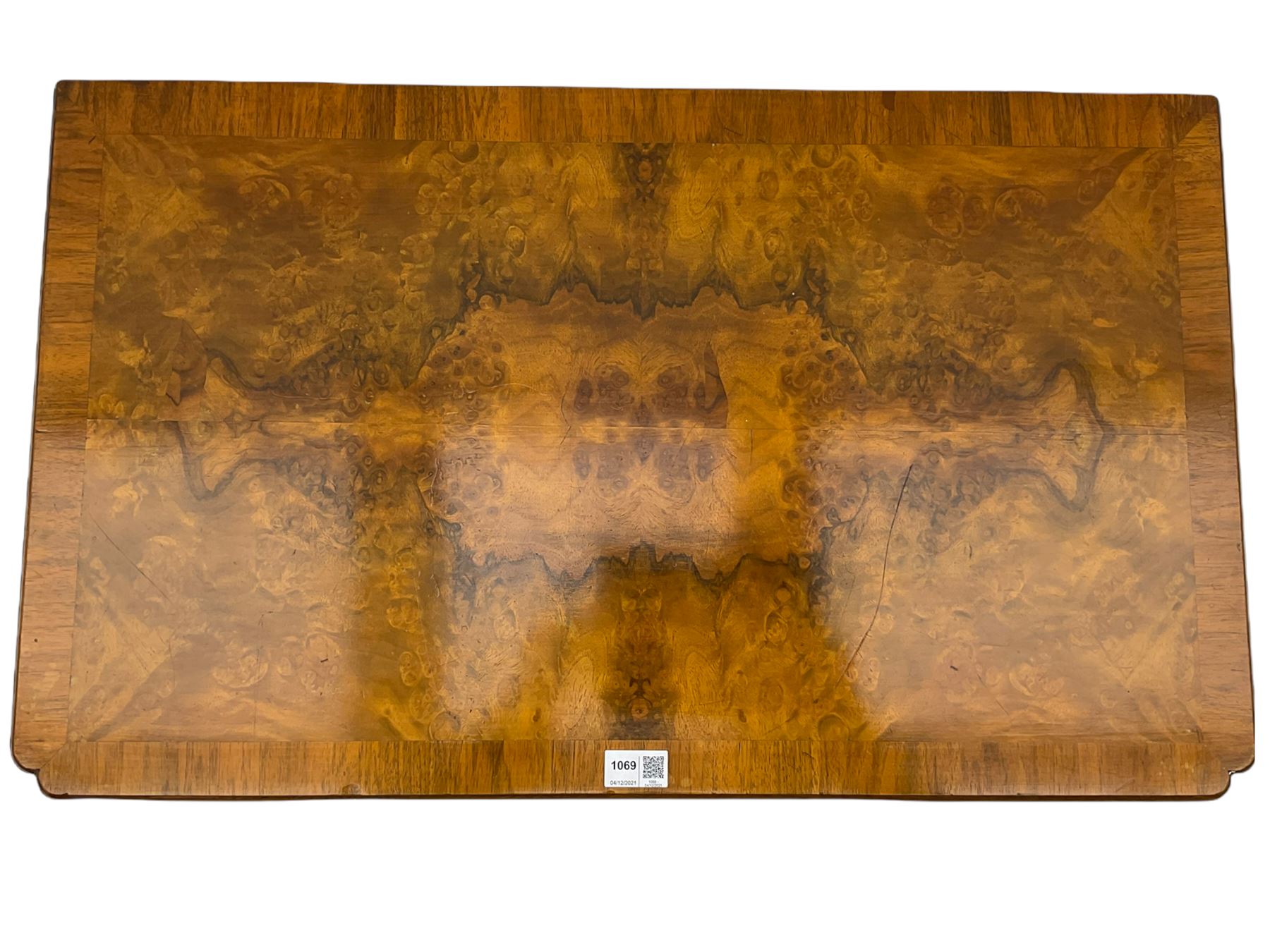 Queen Anne style figured walnut lowboy, moulded rectangular top with band,  over shaped apron fitted with two drawers, on cabriole supports