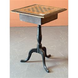 Victorian games table, the top inset with a verre églomisé chess board top, above a frieze...