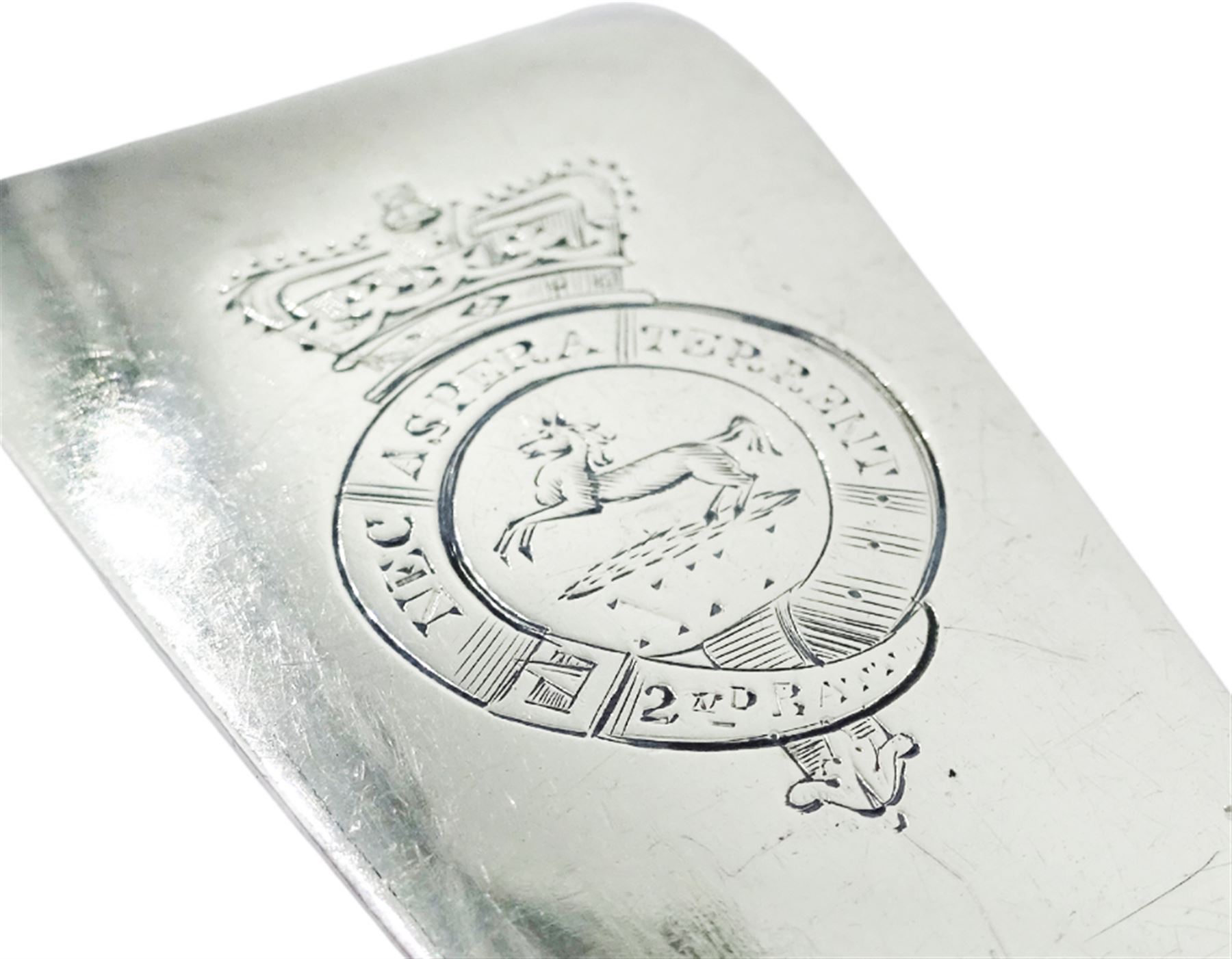 Victorian Irish silver Old English pattern basting spoon, the terminal engraved with regimental crest of the Royal Inniskilling Fusiliers 'Nec Aspera Terrent' (By Difficulties Undaunted), hallmarked Dublin 1860, makers mark partly worn and indistinct, L30cm, approximate weight 4.13 ozt (128.5 grams)