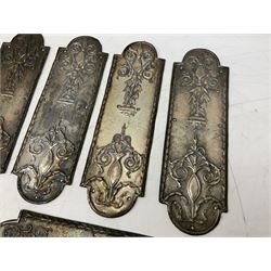 Nine Adams style silver plated finger plates, with classical scroll detail, H30cm