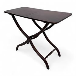 20th century mahogany folding coaching table, hinged rectangular  folding top, divided into two sections, supported on an X-frame with turned stretchers 