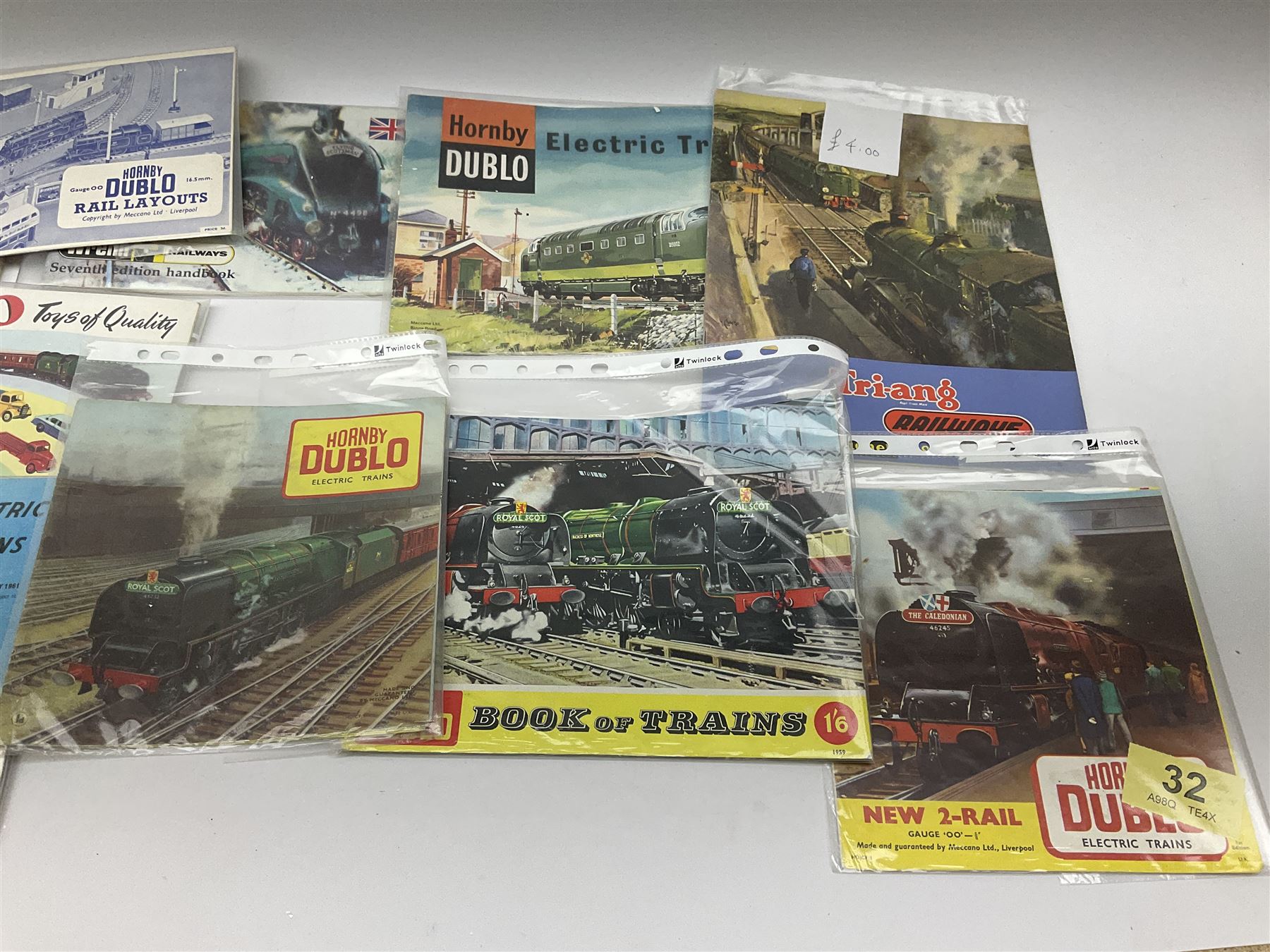 Hornby Dublo - three Electric Trains Catalogues 2nd - 4th editions 1960-62; Book of Trains 1959; New 2-Rail Leaflet 1960; Meccano Catalogue 1958; Rail Layouts booklet; three Tri-ang/Tri-ang Hornby catalogues 8th, 9th and 16th editions; Trix Twin Railway Permanent Way Manual 1953; and Wrenn catalogue 7th edition c1988.