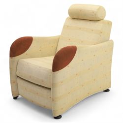 Ligne Roset - modernist French ‘Petite Sieste’ recliner armchair, cream upholstered with shaped back, built-in bolster headrest and curved armrests with contrast suede pads
