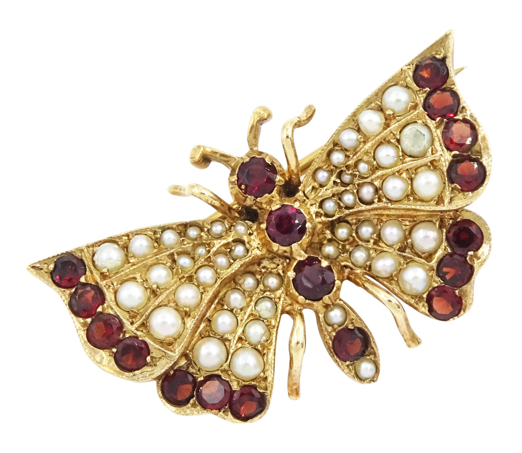 9ct gold garnet and split pearl butterfly brooch, hallmarked