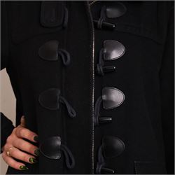 Burberry Brit - black wool duffle coat, with hood, leather toggle fastenings, flap pockets and signature check wool lining, size UK 16