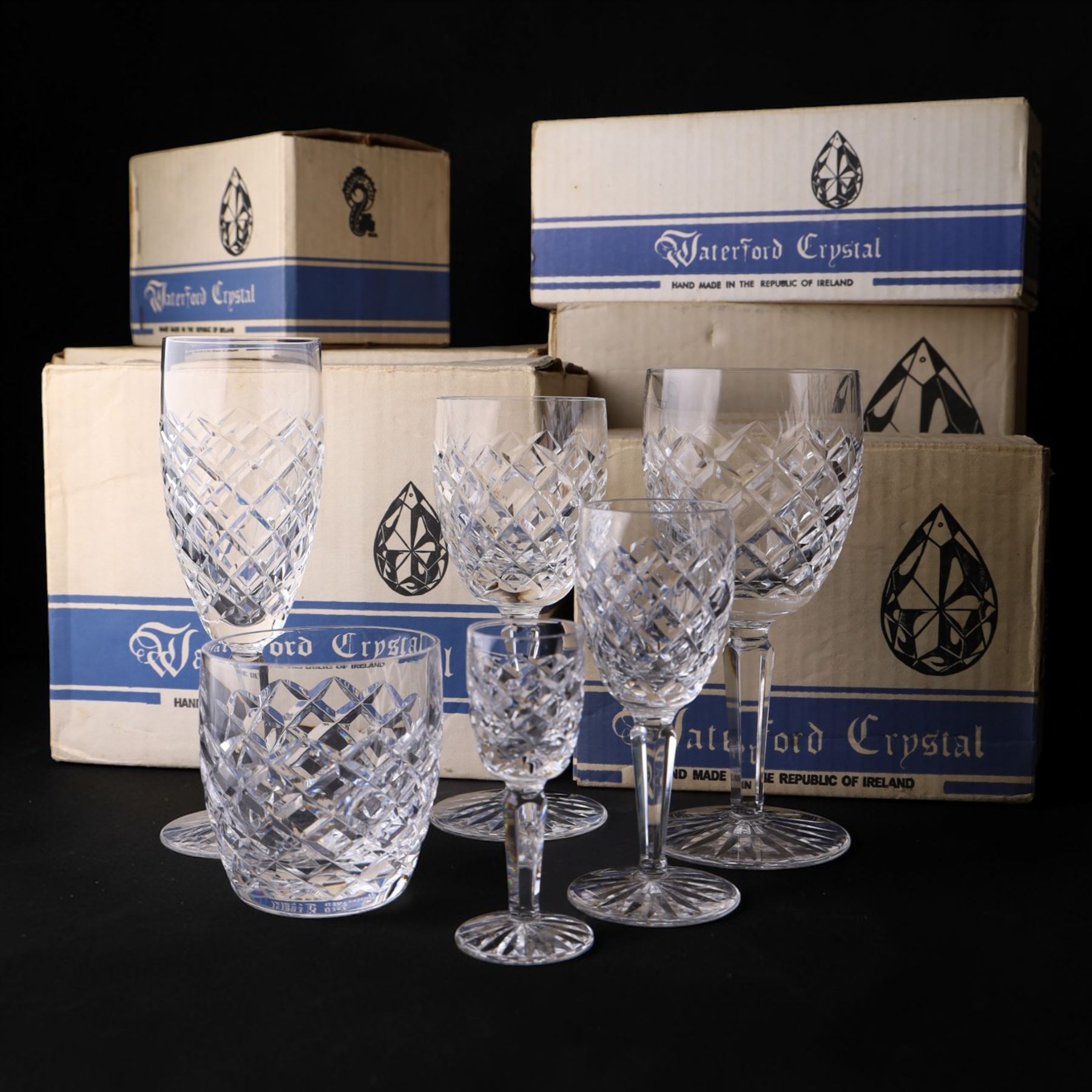 Waterford Crystal drinking glasses for six setting, in Comeragh pattern, including champagne, wine glass, sherry glasses, etc  