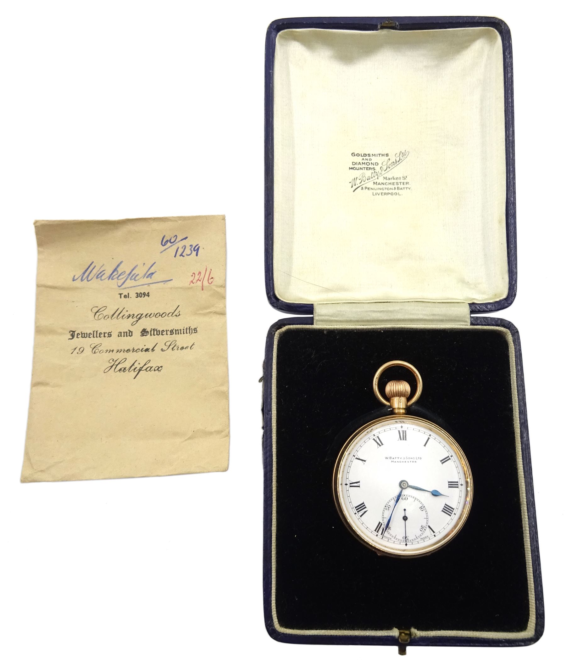 Early 20th century 9ct gold open face Swiss lever presentation pocket watch, retailed by W. Batty & Sons Ltd the inner dust cover engraved, case by Eclipse Watch Company, Birmingham 1925, in original velvet and silk lined case