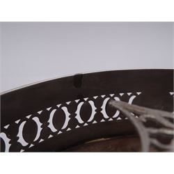 Late 18th century silver cruet stand, of oval form, with pierced sides upon four bun feet, hallmarked to handle Hester Bateman, all other hallmarks indistinct, together with five matched silver mounted cut glass cruet bottles, including some later Victorian examples, hallmarks predominantly indistinct, stand H20cm