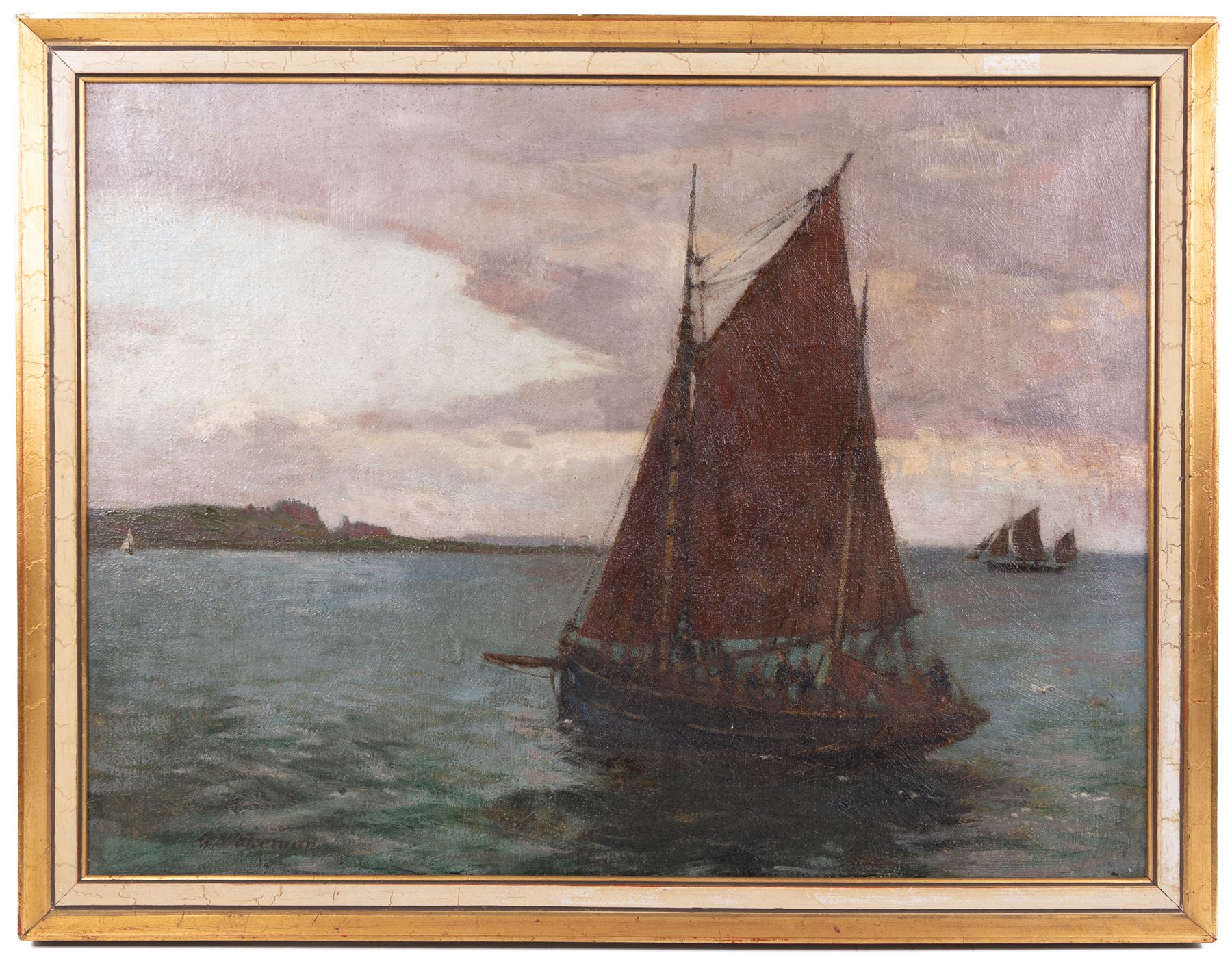 Gerald Hastings Wakeman (Irish 1864-1938): Ships off the Irish Coast, oil on canvas signed 44cm x 60cm